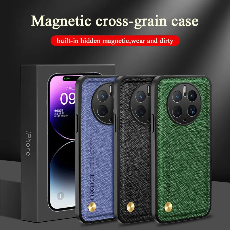 Casing Huawei Mate 60 50 40 30 20 Pro, sarung HP kulit PU magnetik, sarung lubang halus salib, cangkang lunak Anti sidik jari