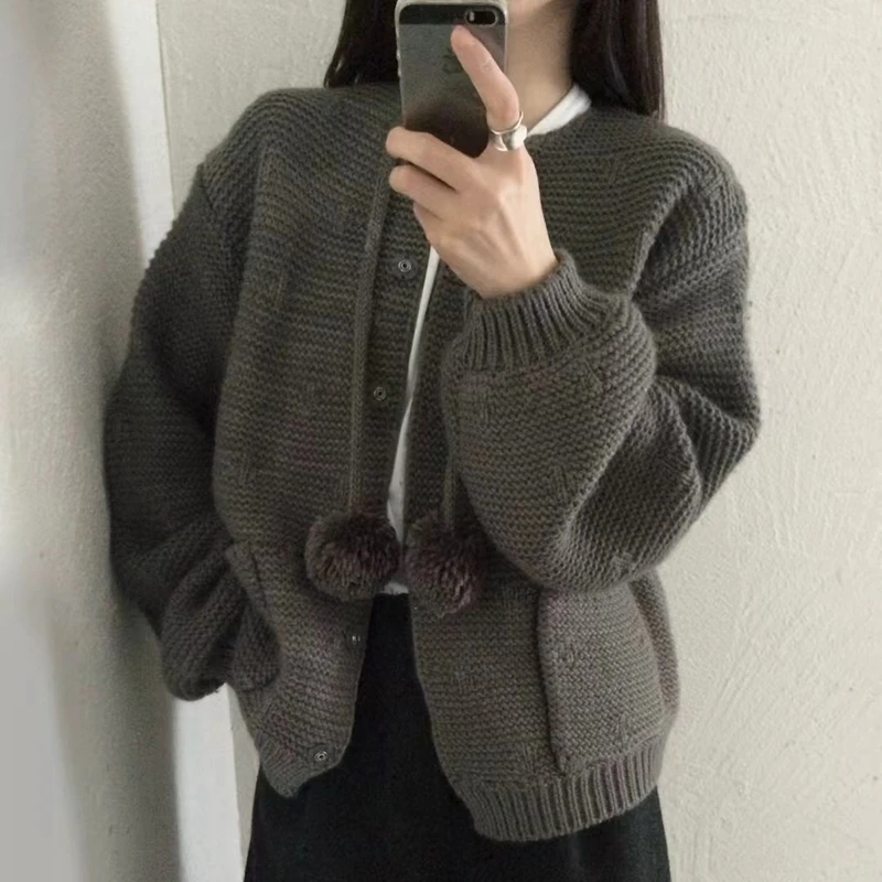 Nowość 2025 Koreański Styl Jesień Zima Damski Rozpinany Sweter Casualowy Luźny Kardigan z Okrągłym Dekoltem Długi Rękaw Dzianinowy Sweter Y18