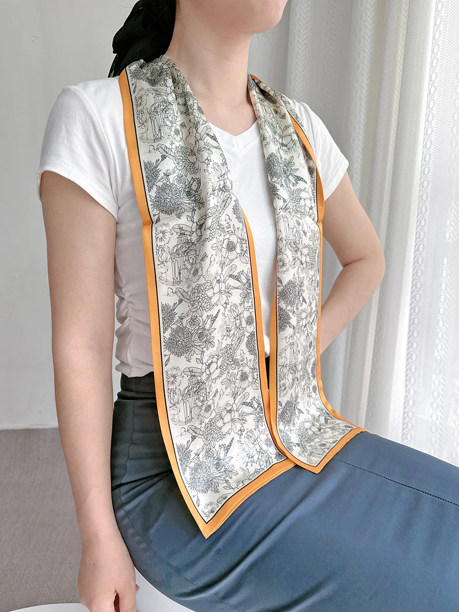 

Long Narrow Silk Scarf 100% Natural Silk For Women Luxury Designer Double Layer 16x150cm Yellow Edge Chic Satin Fashion Print