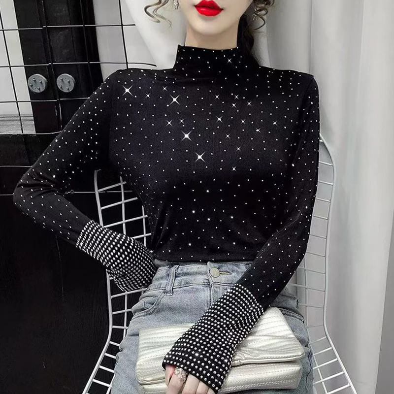 2024 Autumn Winter Black Bottoming T shirt Hot Diamond Women Tees Korean Fashion Half High Neck Long Sleeve Mesh Tops