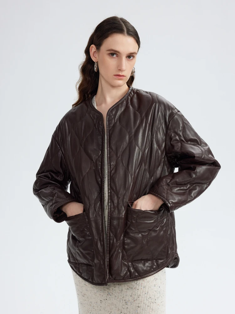 

Autumn Winter Genuine Leather Quilted Jackets for Women High-end Simple O-neck Casual Loose Soft Warm Real Sheepskin Coat