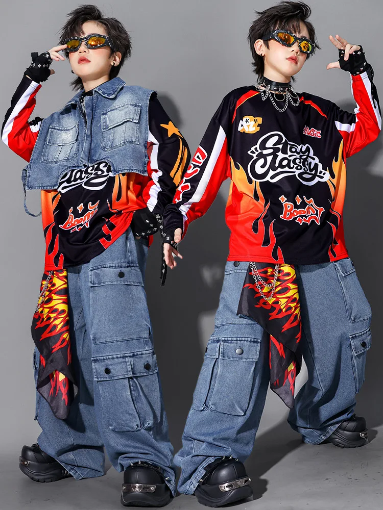 Kinder-Streetdance-Auftrittsoutfit Jungen Hip-Hop Denim-Kleidungsset Atmungsaktive Polyesterfaser Rundhals-Print-Design – Detail 16
