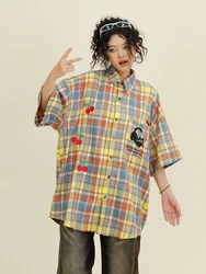 Contrast Checkered Short Sleeved Shirts for Women's 2024 Summer New Loose Bf Japanese Retro Couple Top Trend