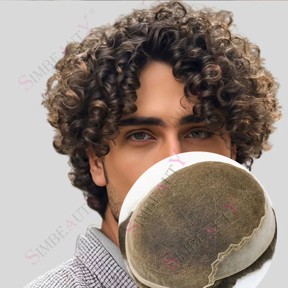 

15 мм Curly Durable Q6 Curly Man Light 20 # Пепельно-русый коричневый мужской 100% человеческие волосы дышащий швейцарский кружевной парик серый 1B50 протез