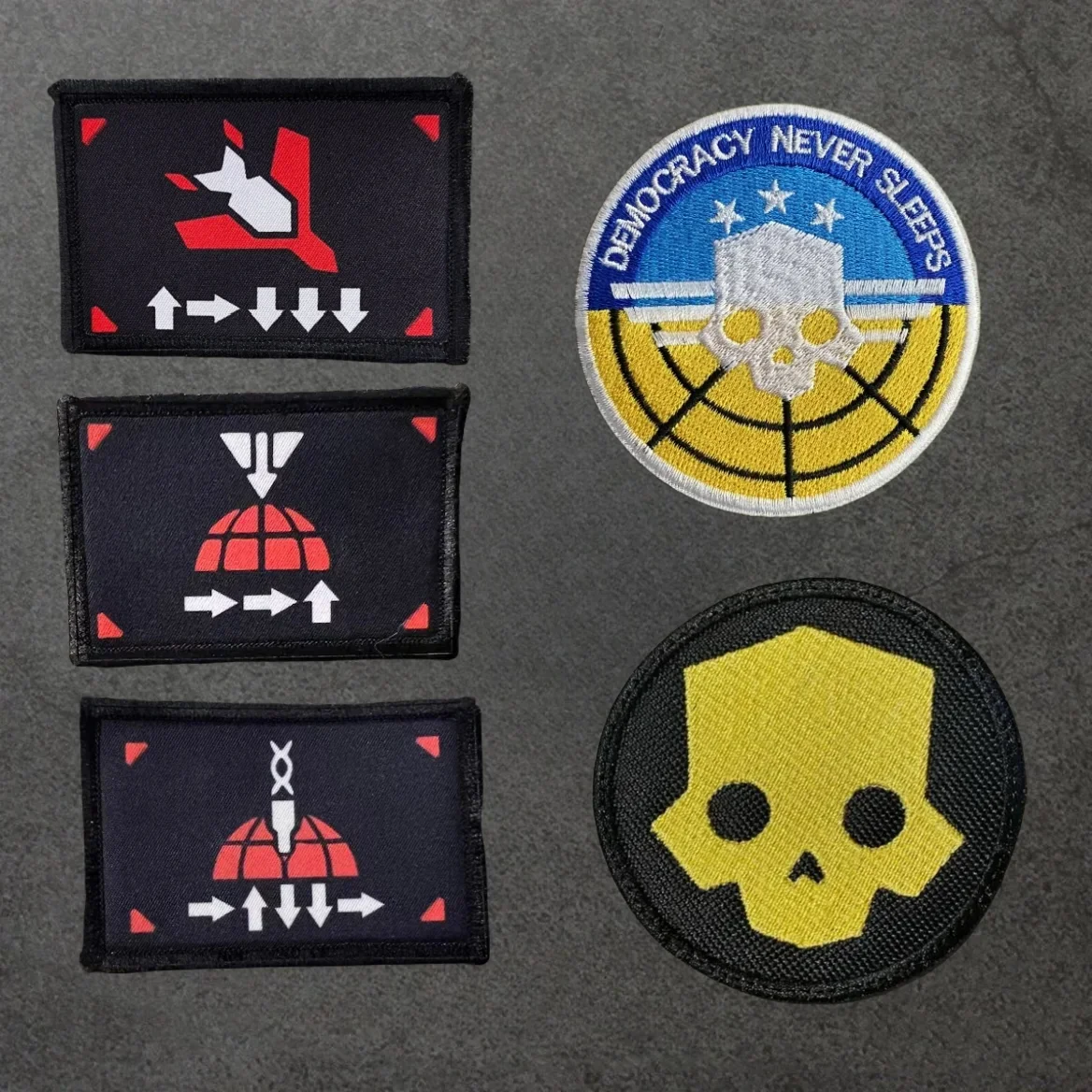 Hell Divers Skull Embroidered Tactical Patches Hook&Loop Patch Democracy Nevre Sleeps Skeleton Head Morale Badge on Backpack