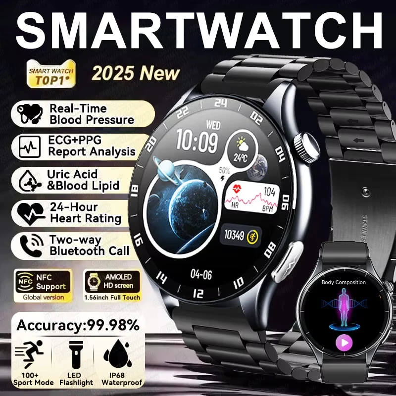 

2025 NEW Health Blood Components Smartwatches Men ECG+PPG Uric Acid Lipid Blood Pressure Body Analysis NFC Clock Smart Watch