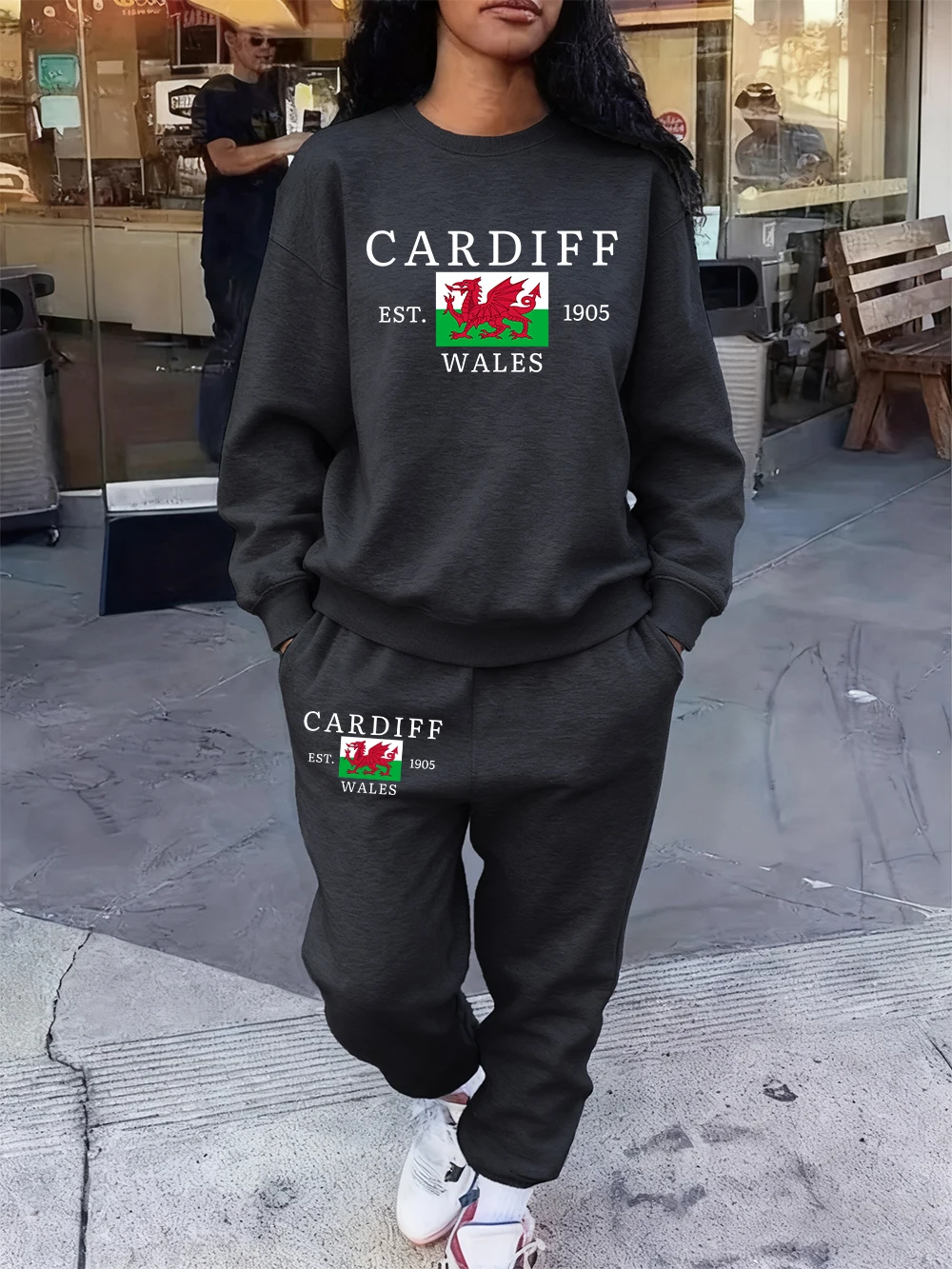 2 Pcs Hoodies Set Women Cardiff Red Dragon Flag Printing Sweatpants Winter Loose Fleece Warm Jogging Pants Sporty Pocket Clothes