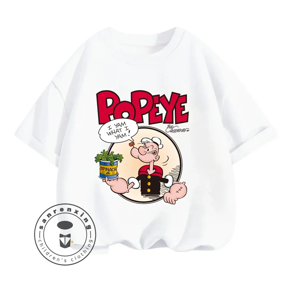 Summer Vibes with Solid Color Popeye the Sailor T-Shirts for Boys Girls Cute Kawaii Fashion That Brings Joy to Young Adventurers