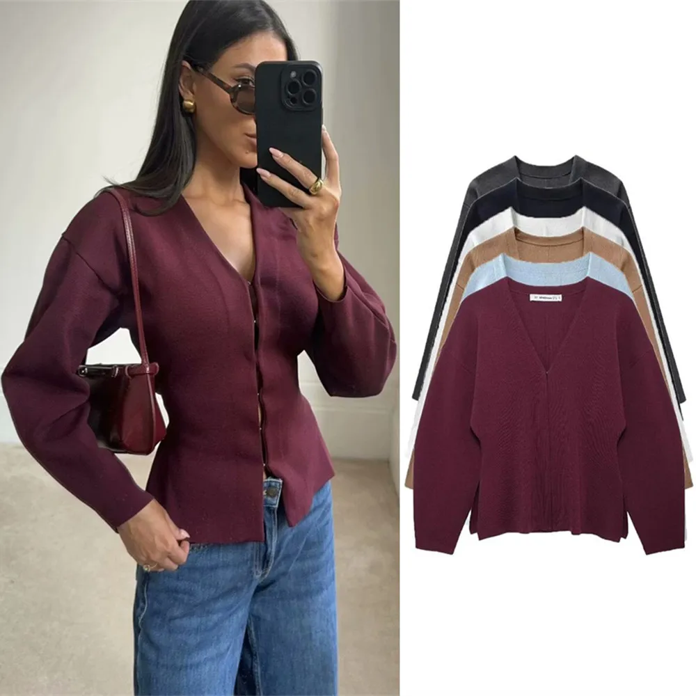 

Women's Front Hook Fitted Knit Cardigan Sweater Women V Neck Long Sleeves Side Split Hem Female Outerwear Chic Tops Fashion