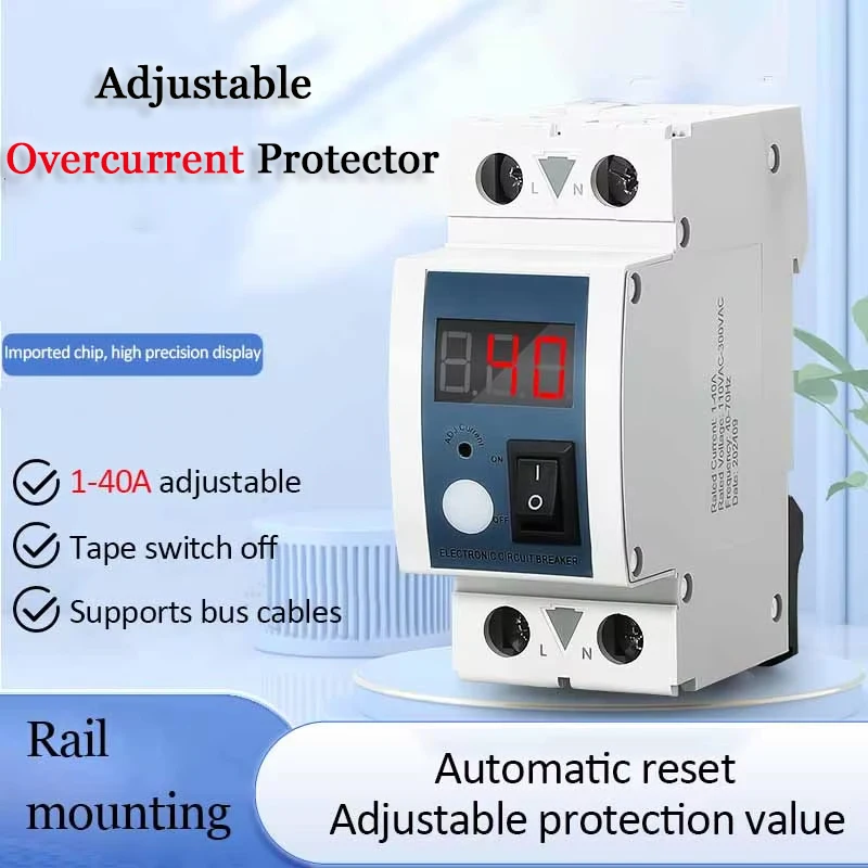 40A 220V Adjustable Overcurrent Din Rail Protector Current Limiter Automatic Reset Over Current Protection Status Indication image 2