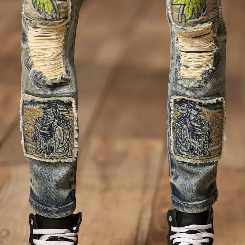 Street Fashion Men Jeans Retro Washed Blue Stretch Skinny Fit Ripped Jeans Men Embroidery Patched Designer Hip Hop Denim Pants