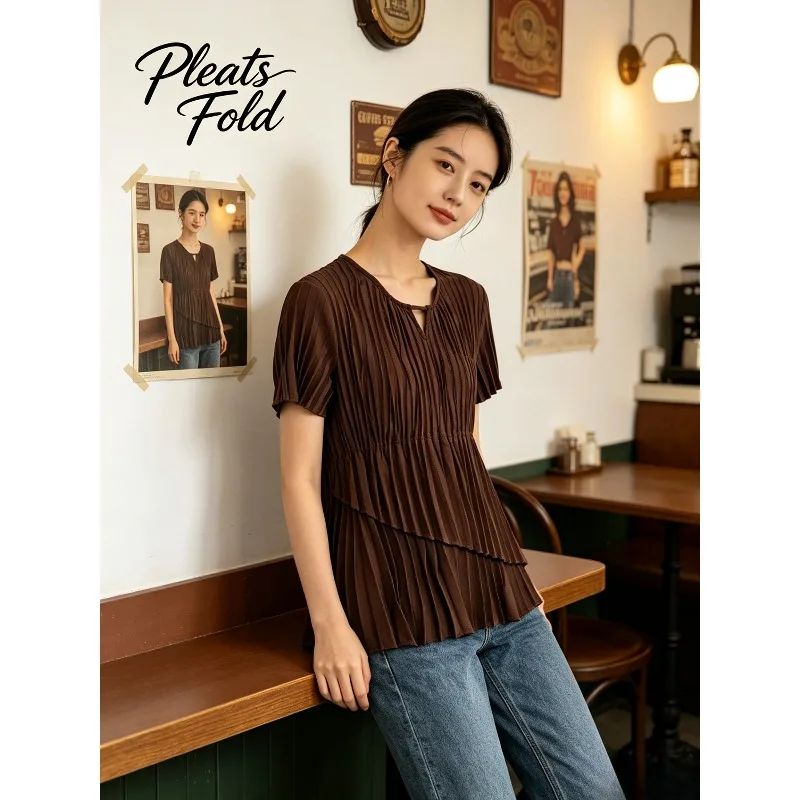 Miyake Pleated 2026 New Glossy Short Sleeve T-Shirt for Women Summer Irregular Slanted Hem Small V-Neck Versatile Pleated Top