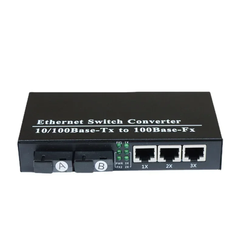 100M Fiber Optic Transceiver 2 Port 3 RJ45 Ethernet Ports Single-Mode Optical Media Converter Switch