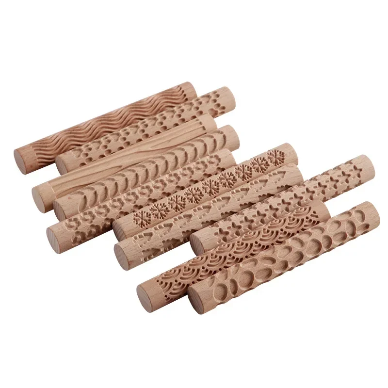 

Деревянная текстурированная скалка для керамики и глины с рельефным цветочным узором, инструмент для творчества своими руками