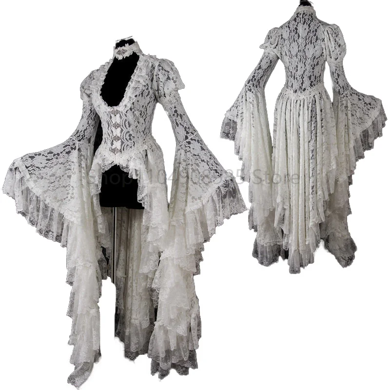 

Women Retro Vintage Solid Lace Medieval Cardigan Cosplay White Lace Elegant Long Tail Pleated Victorian Outwear Ball Gown