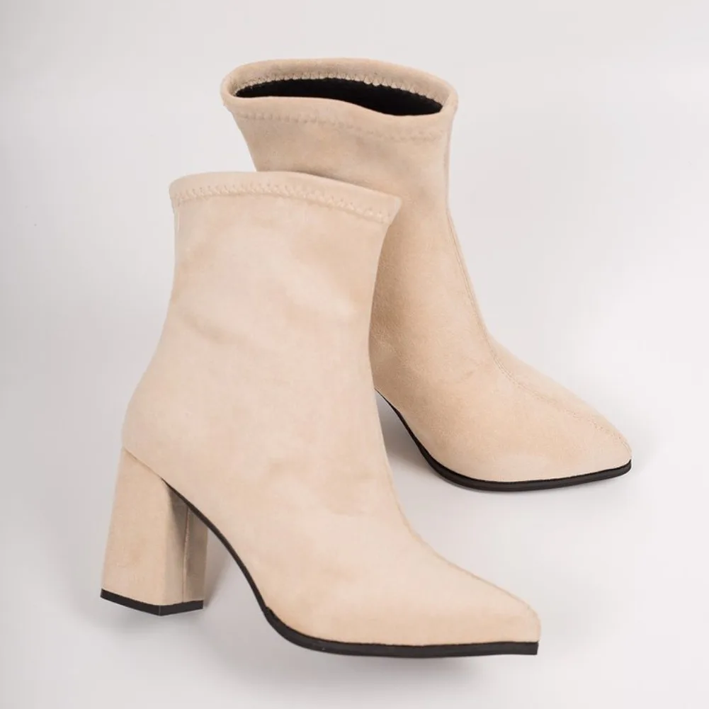 2026 Winter Damenstiefel Spitze Stretch-Sockenstiefel Modische Einfarbige Damenschuhe Hochhackige Kurze Stiefel Moderne Damenschuhe – Detail 10