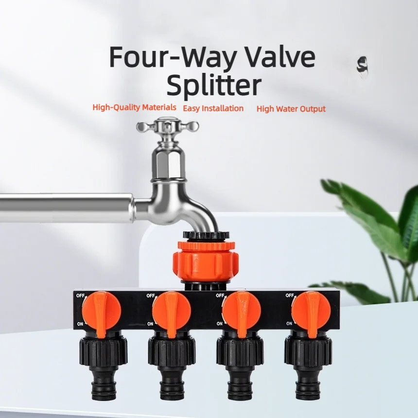Four-way faucet diverter with switch, four-way valve, nipple quick-connect fitting, one inlet four outlet water splitter