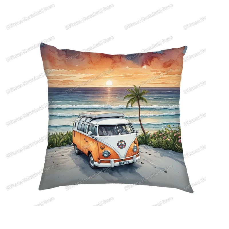 Watercolor Camper Van Beach Travelling Print Cushion Cover Pillowcase Sofa Bed Car Decorative Pillow Case Covers for Living Room