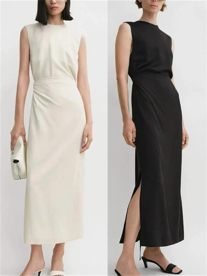 

Women Side Split Wrap Long Robe Sleeveless Slim High Waist O-Neck Ladies Solid Color Elegant Dresses Minimalist Style