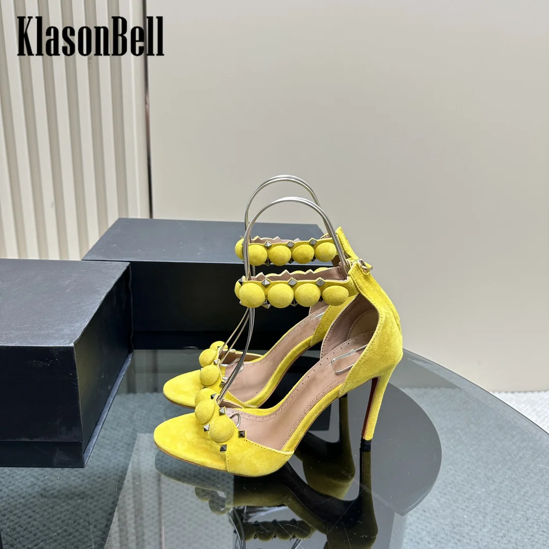 7.3 KlasonBell Women Metal Rivet High Heel Sandals 2024 Summer New Cow Suede Back Zipper Peep Toe Fashion Sandals