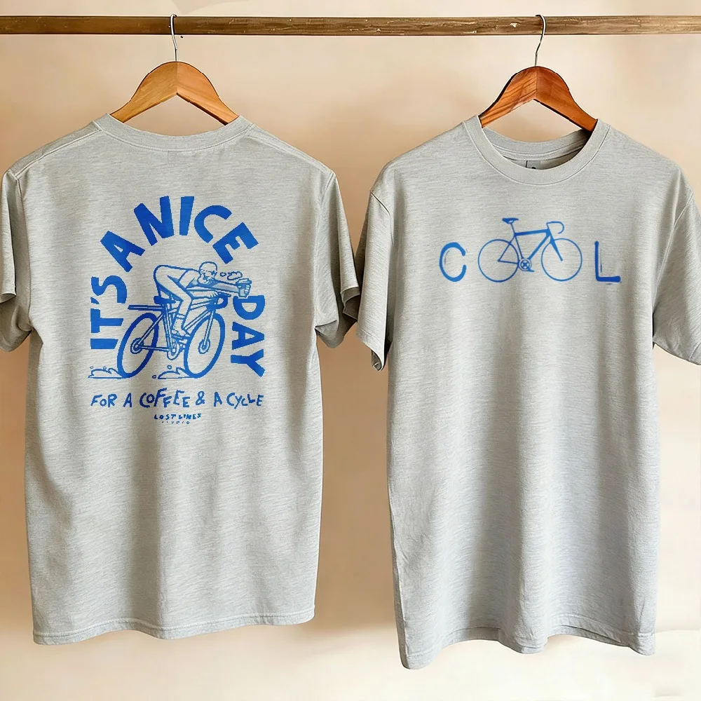 Men Women Two Side Printed Crew Neck Tee Cool Bike Graphic Front It's A Nice Day for Coffee & Cycle Text Cyclist Print Back Tees