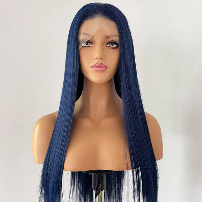 ネイビーブルーのレースフロントウィッグ、ファッショナブルな女性向け、26インチロングストレート、ナチュラルHD、13×4フロントレース、高品質合成繊維、デイリーユース