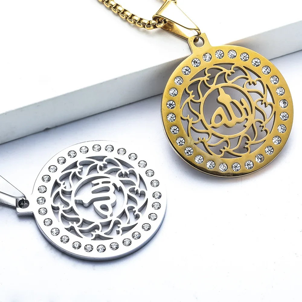 

Trendy Love Round Symbol Diamond Hollow Round Stainless Steel Pendant Men's Necklace Chains