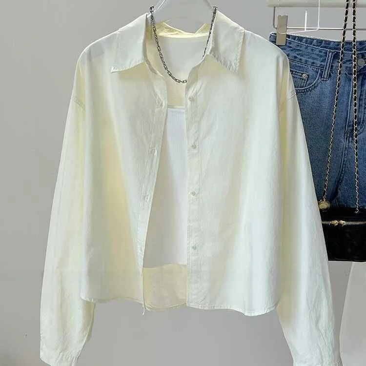 

Korean Sle Simple Pure Cotton Women's irt Spring Autumn Loose Commute High End Personali Long Sve Collar Top