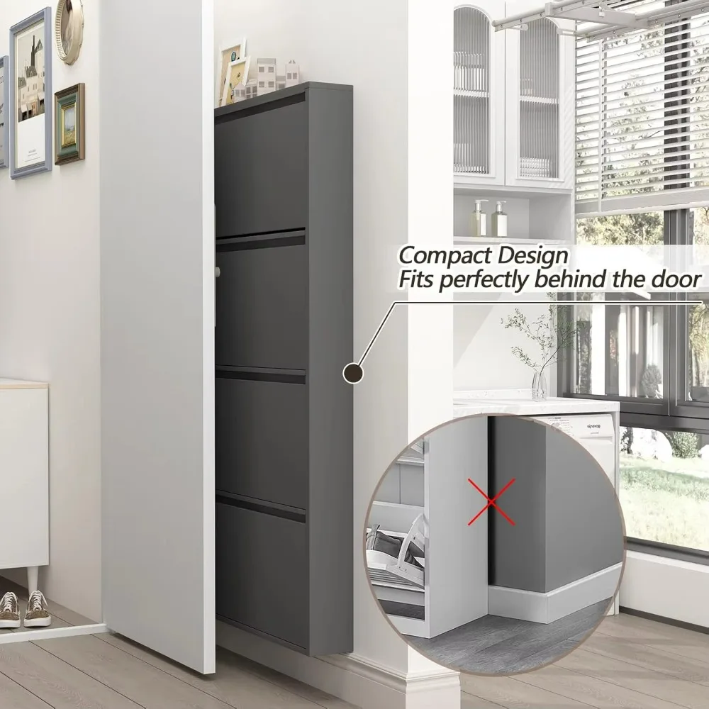 

GreatMeet Black Modern Entryway Shoe Cabinet Slim Wall Mounted Metal Hidden Organizer with 4 Flip Drawers