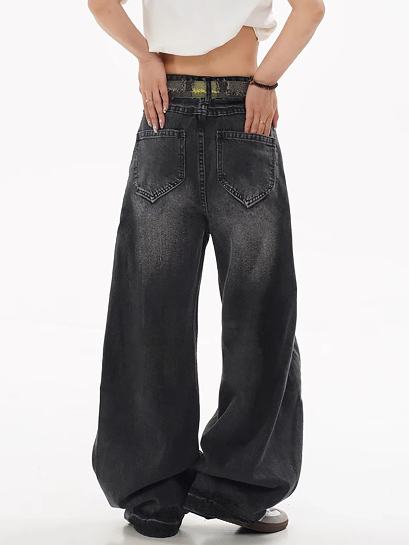 European And American High Street Style Wide Leg Jeans With Contrasting Colors, Frayed Edges, Black Gray Gradient Washed Pants