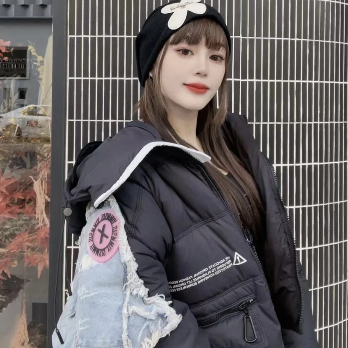 Women's Winter New Arrivals Denim Patchwork Down Jacket Short Coat Hooded Contrasting Colours Patchwork Unique Down Jacket Women