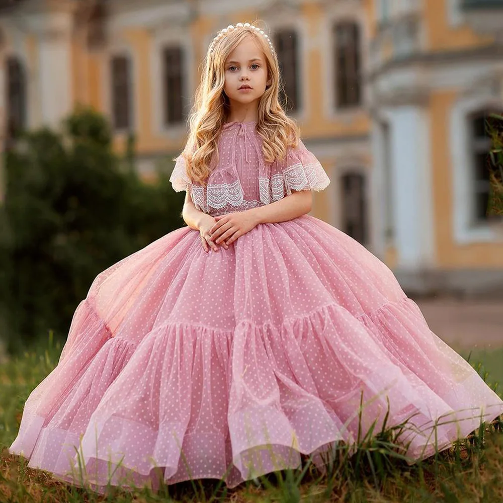 Princess Flower Girl Dresses Kids Party Gown for Pageant O Neck Sleeveless Dot Tulle Ball Pink Evening Birthday Dress