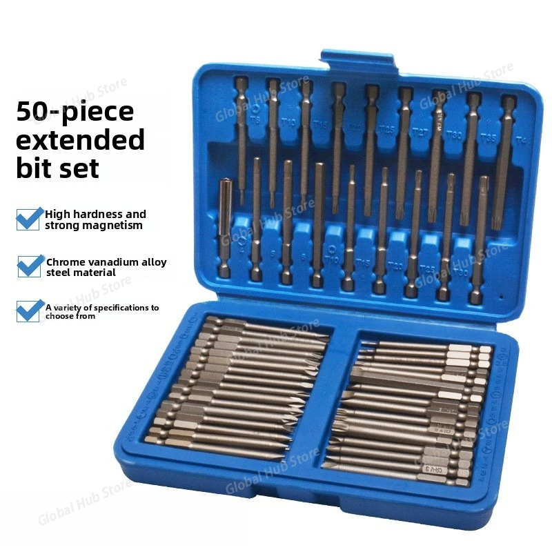 50pcs Extra Long Screwdriver Bit Set with Handle Torx Star Hex Spline Bit Set Screw Driver Bit Screwdriver Kit Tools