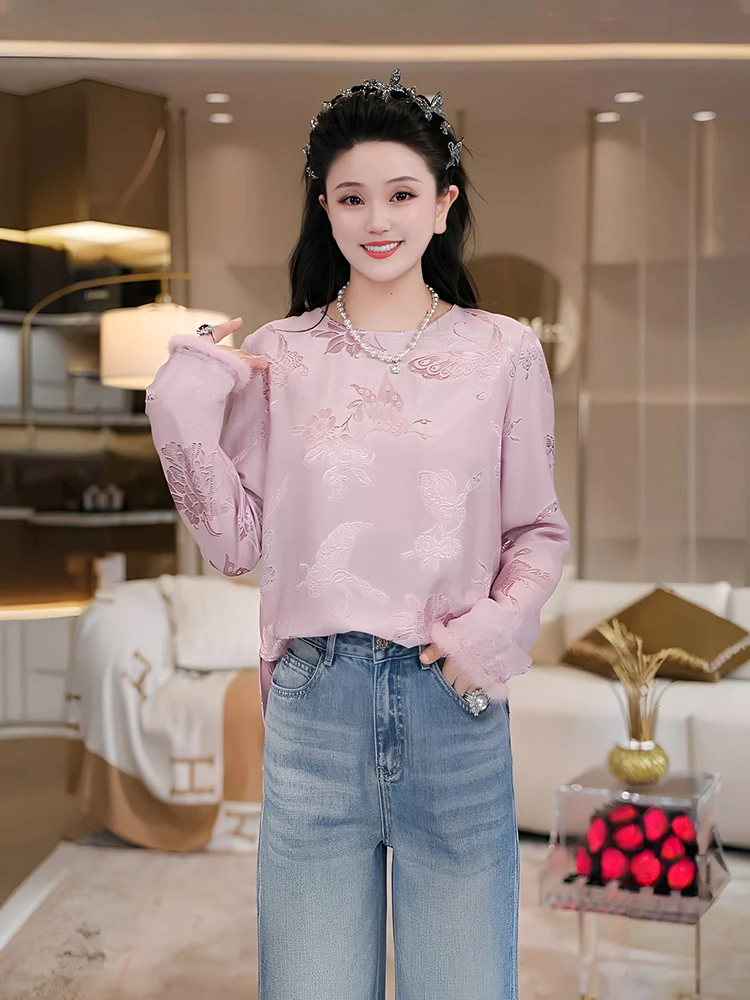 

Muni【Gold】Женская шелковая блузка с круглым вырезом и длинными рукавами, весенне-осенняя, высококачественная, в традиционном китайском стиле