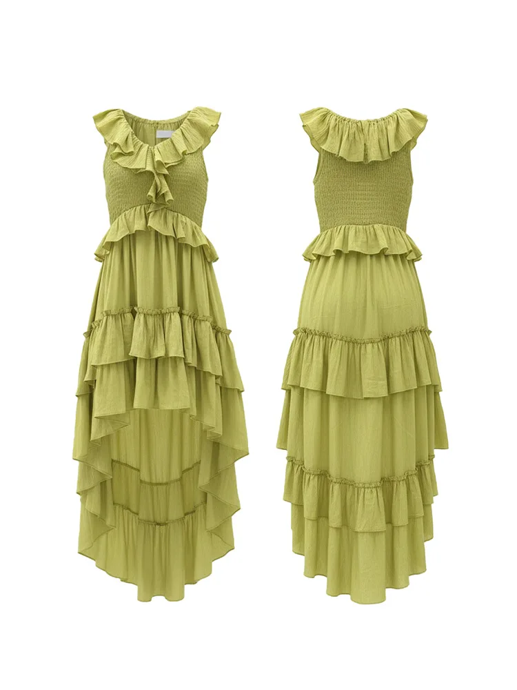 Vestido casual solto de chiffon com babados em camadas, sem mangas, vestidos midi altos e baixos para reunião de família, amigos, festas e passeios diários