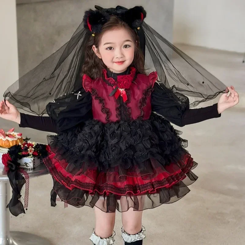 Gaun vampir gadis Halloween untuk anak-anak hantu pengantin wanita gaun Cosplay Gotik Lolita pakaian karnaval pakaian merah hitam