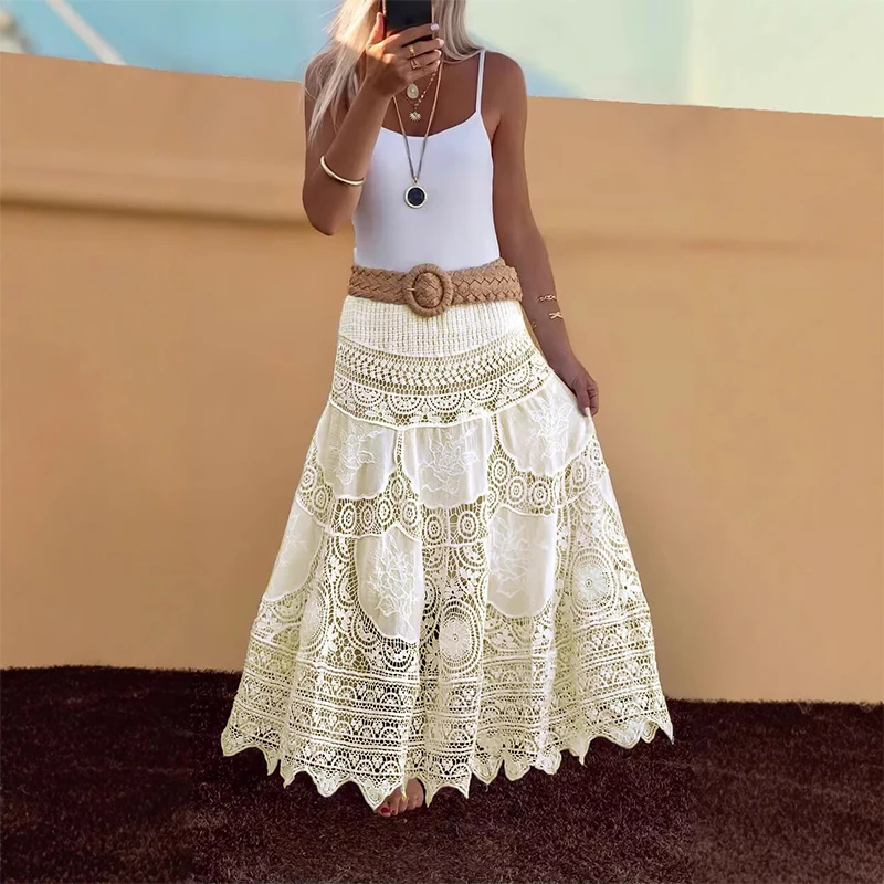 

New French Embroidered Crochet Loose Skirt Casual Elastic Waist Pleats Hollow Beach Skirt Lady Elegant Solid Knitted Half Skirt