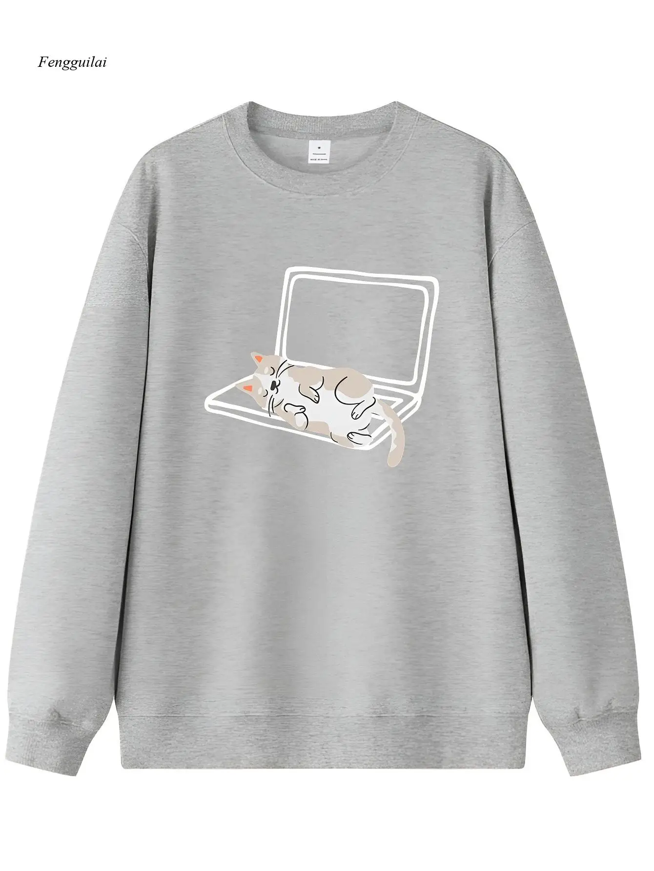 Casual Crew Neck Sweatshirt with Sleeping Cat Print,Knit Fabric with Slight Stretch, Animal Pattern Long Sleeve Pullover