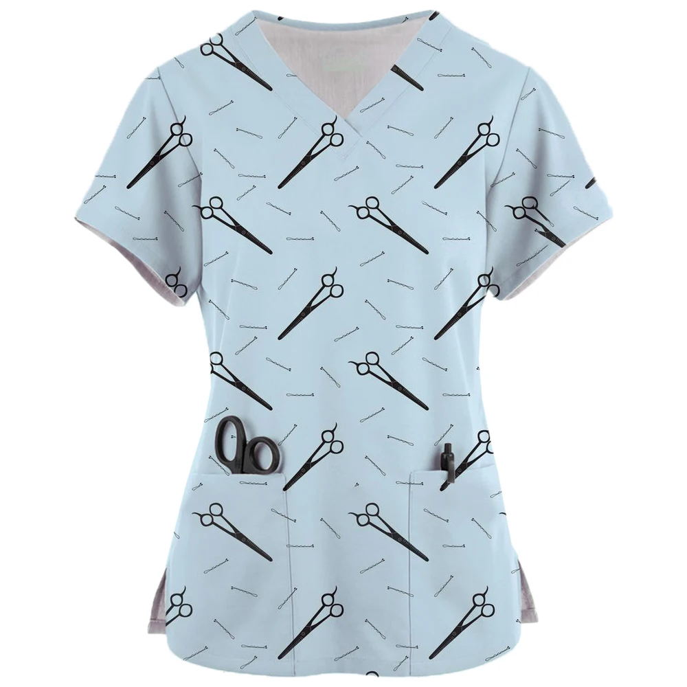 בגדי קיץ אופנתיים נשים 2024 אחות לשפשף העליון עמיד, קל לטפל עם דפוס מספריים & כיסים פרקטיים שיער סטייליסטי