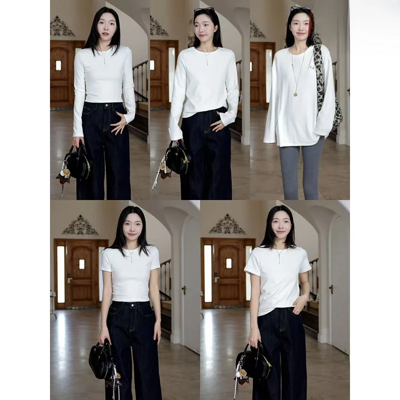 

Co99 Pure Cotton Fce Casual ort Sve T-irt Women's Slim Fit High Waist round Ne Top Cozy Autumn Winter Versatile