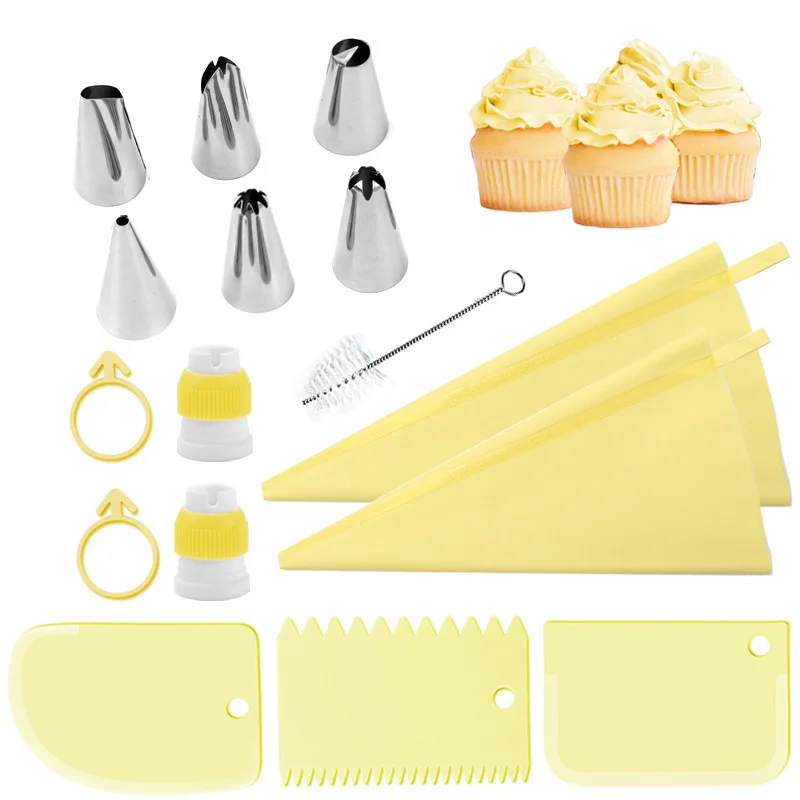 16PCS Stainless Steel Decorative Nozzle Set Plastic Scraper Flower Bag Cream Spatula Household Complete Baking Tools Cake Kit