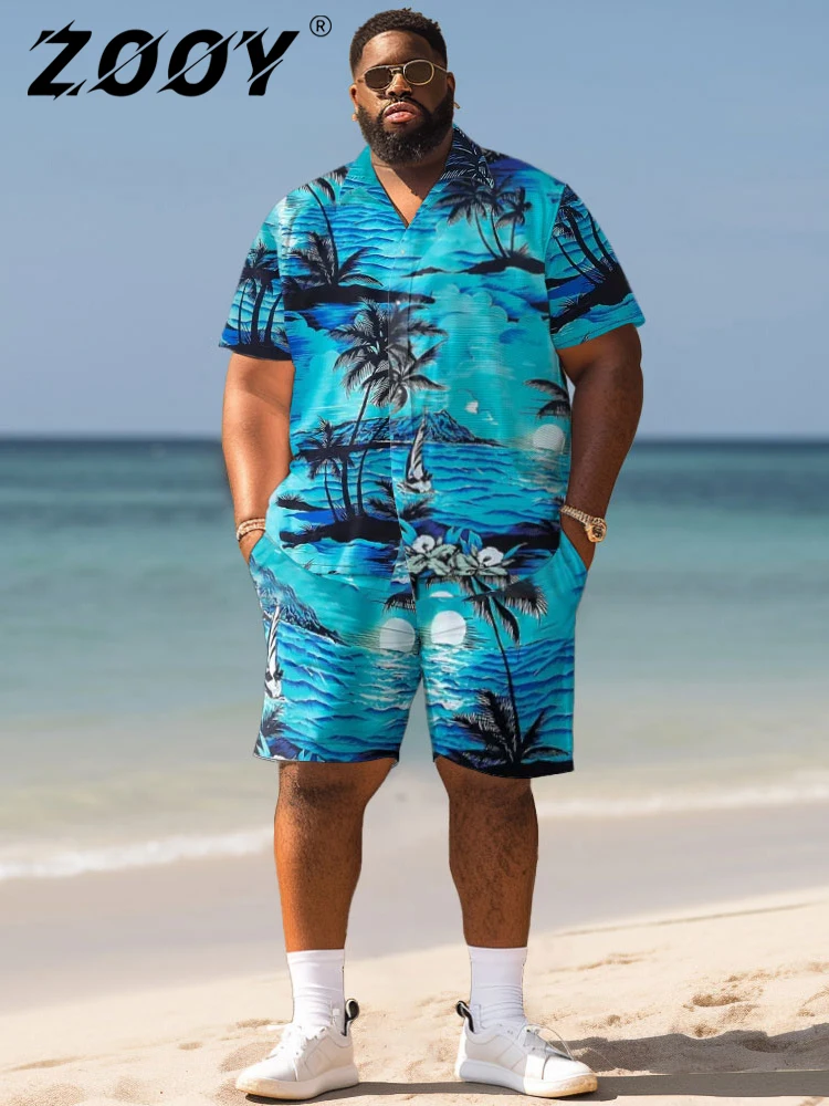 L-9XL Short sleeved Shirt Shorts Set Plus Size Men Summer Leisure Hawaiian Beach Coconut Tree Print Two Piece Set ZOOY