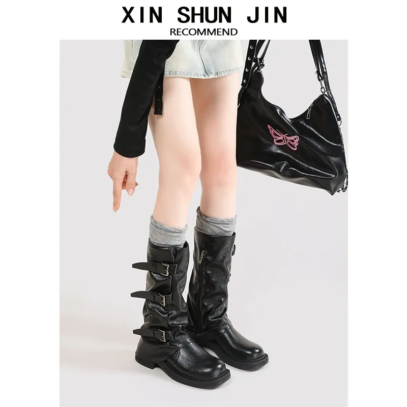 المرأة مطوية هيم الجوارب سميكة القاع مطوي الأحذية منتصف العجل الأسود فارس بانت الساق أحذية الموضة جديد 2025 الحلو كول حار #2