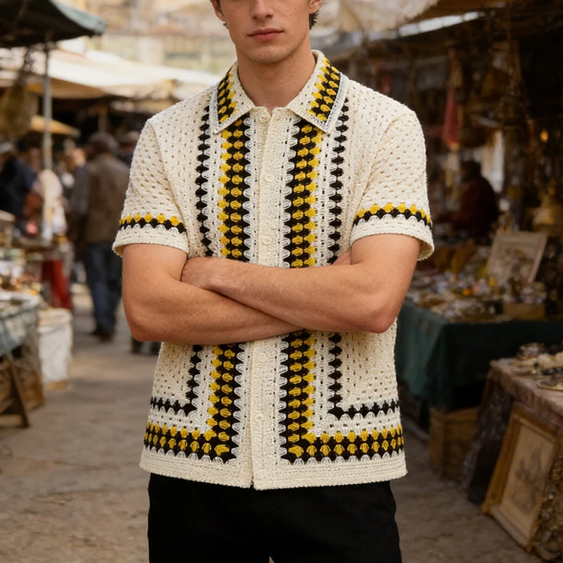 Sexy Transparent Hollow Out Shirts Mens Knitted Short Sleeve Button-up Lapel Cardigan Tops Spring Summer Vintage Striped Shirt
