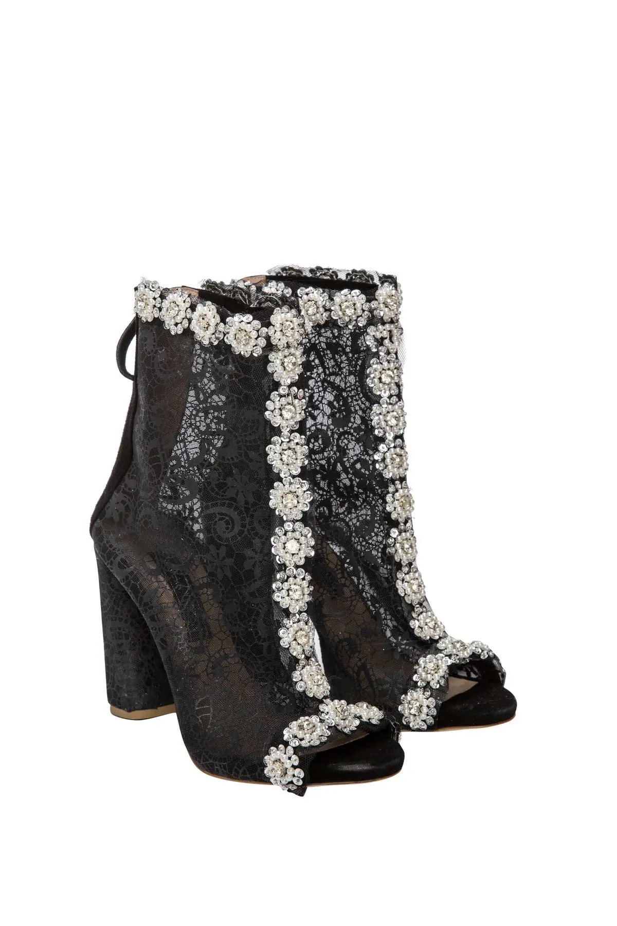 

Sexy Style Mesh Crystal Peep Toe Mid-Calf Summer Women Sandals Boots Chunky High Heels Back Zipper Design Large Size Shoes