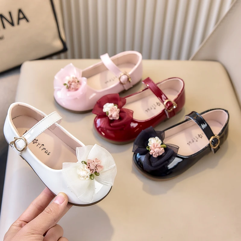 Girls Mary Jane Shoes Children Princess Flower Bow Leather Dress Shoes Non-slip Soft Sole Little Kids Flats School Uniform Shoes