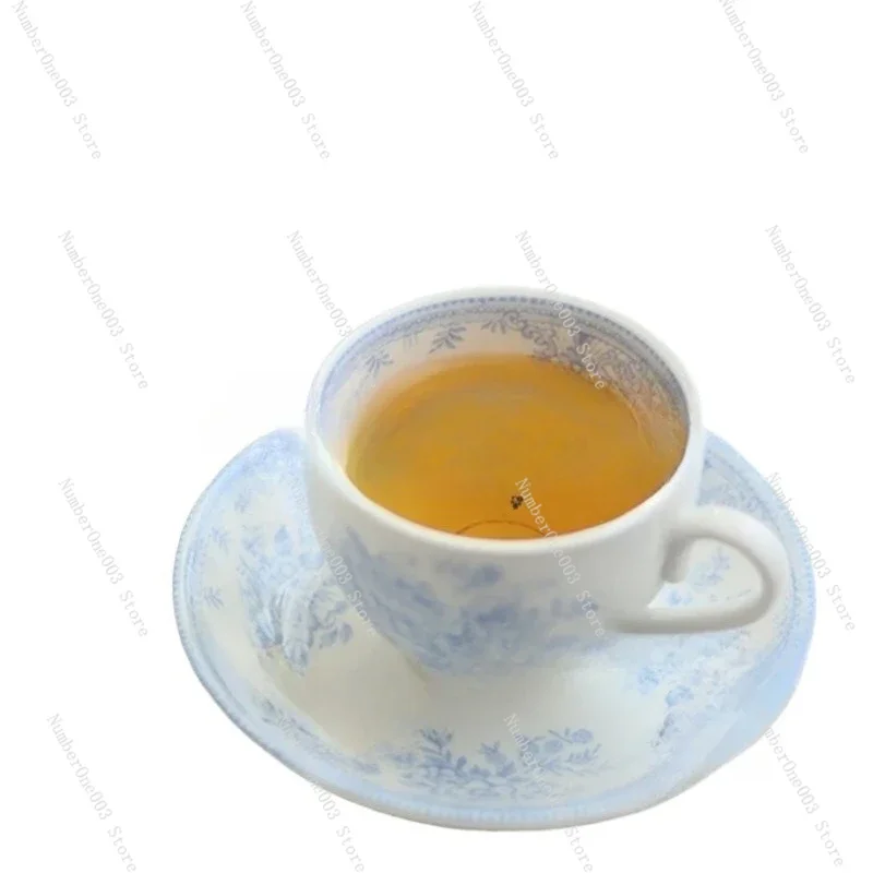 Retro Blue Peony Tea Cup and Saucer Set, Ceramic Coffee Milk Cup for Afternoon Tea & Decor