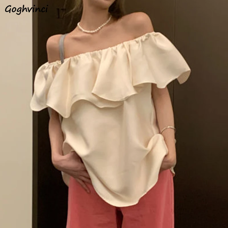 Aesthetic Ruffles Blouses Women Slash Neck Elegant Baggy Vintage Streetwear Summer Holiday Lady Simple Tender All-match Minority