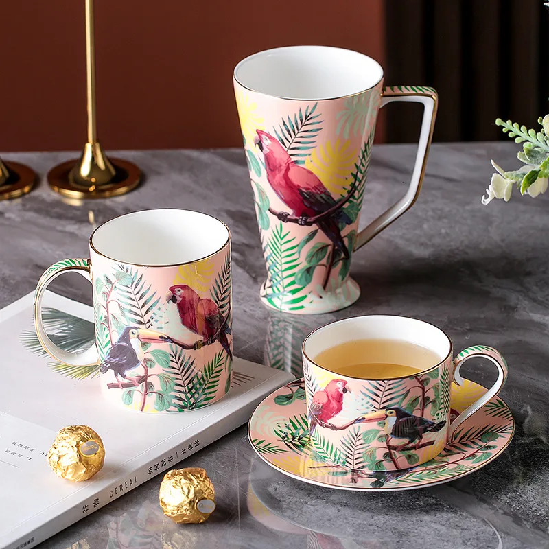 Tasse à café et plat en porcelaine d'os de la Jungle britannique, tasse à thé en céramique, perroquet Animal, tasse d'eau en porcelaine de grande capacité, cadeau pour la maison et le bureau