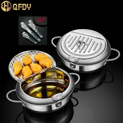 304 Stainless Steel Kitchen Tempura Fryer Pan 20 /24 /28cm Japanese Deep Frying Pot with a Thermometer and a Lid